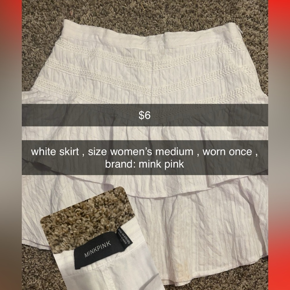 $6
white skirt, size women's medium, worn once, brand: mink pink